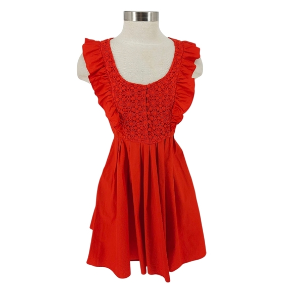 Free People Fit Flare Dress Half Moon Red Flutter Sleeve Lace Pleated A Line XS - Picture 1 of 9